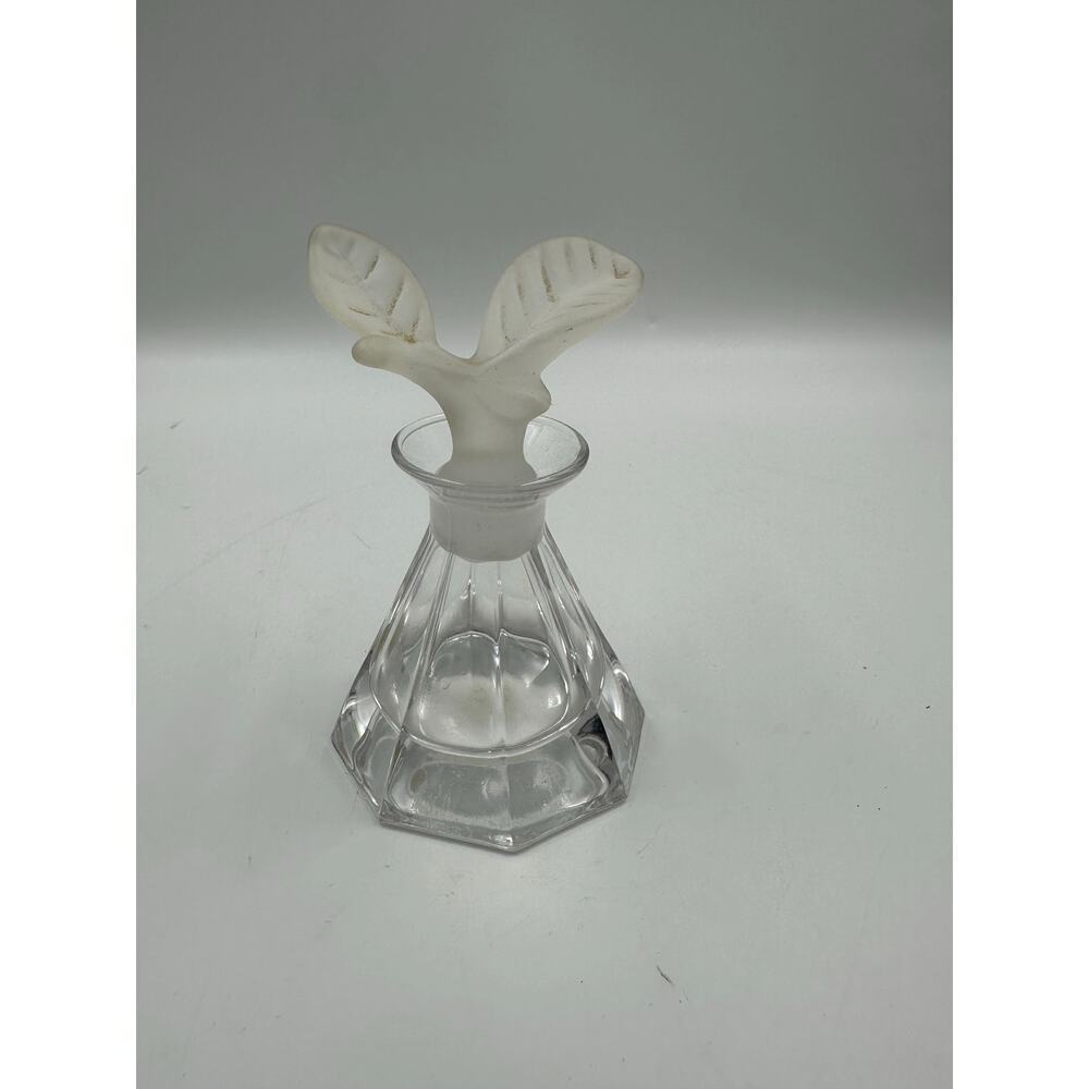 Vintage Art Deco Clear Glass Perfume Bottle with Leaf Stopper 24% Lead Crystal